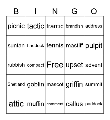 vccv words Bingo Card