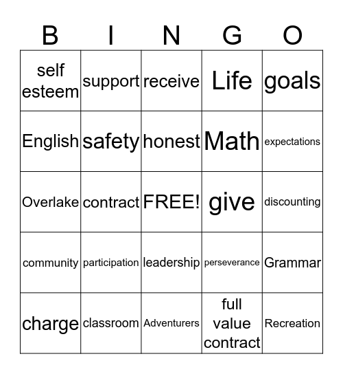 Adventurers Bingo Card