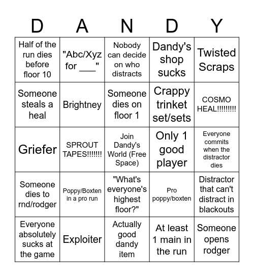 Dandy's World Public Server Bingo Card