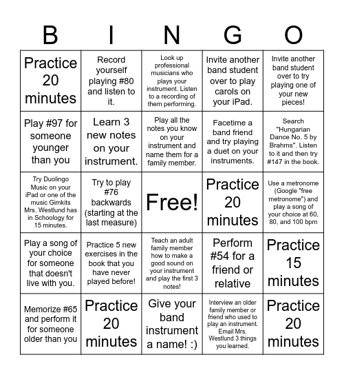 Winter Break Band Bingo Card