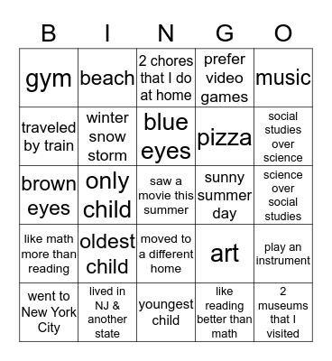 Interest Bingo Card