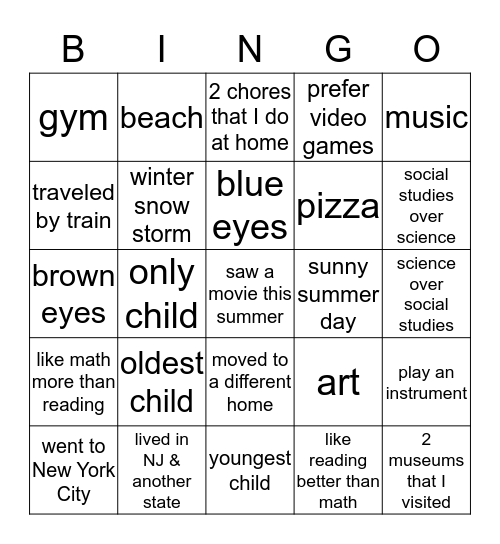 Interest Bingo Card