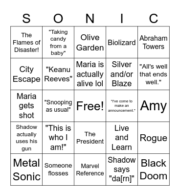 Sonic 3 Bingo Card