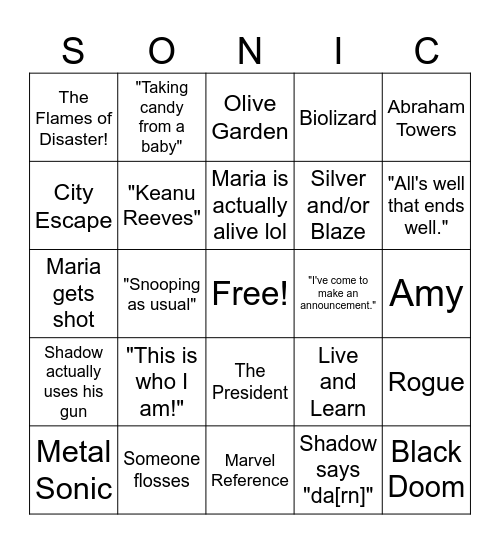 Sonic 3 Bingo Card