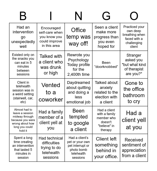 Therapist BINGO Card