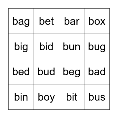 CVC Words begin with letter B Bingo Card