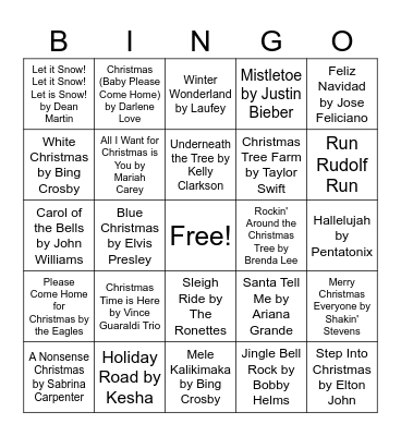 Christmas Song Bingo Card
