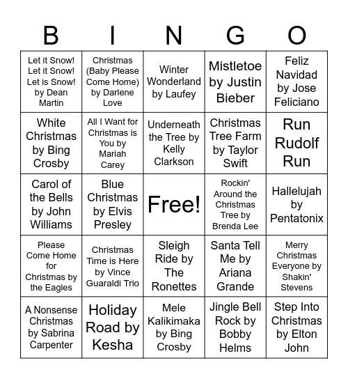Christmas Song Bingo Card