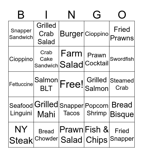 Lou's Fish Shack Bingo Game Bingo Card