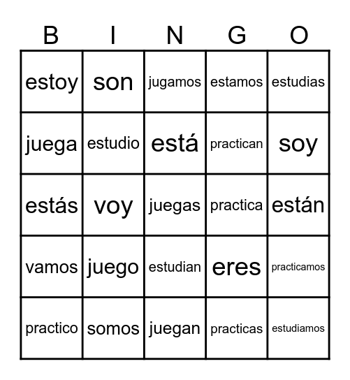 JUGAR, SER, ESTAR, PRACTICAR, ESTUDIAR, IR Bingo Card