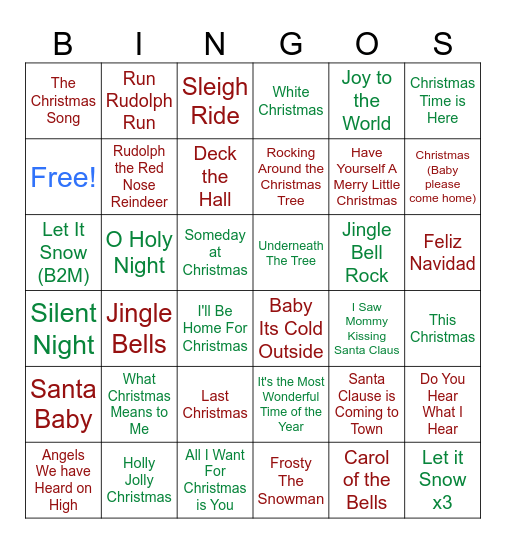 Christmas Songs Bingo Card