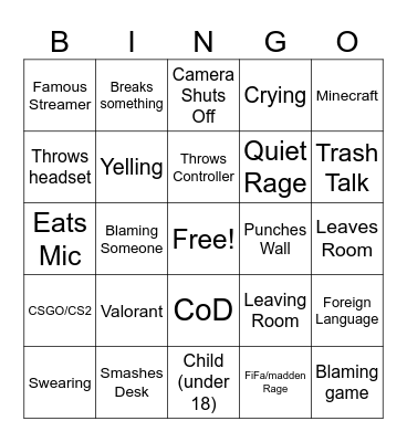Rage Compilation Bingo Card