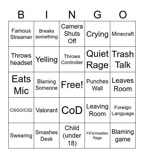 Rage Compilation Bingo Card