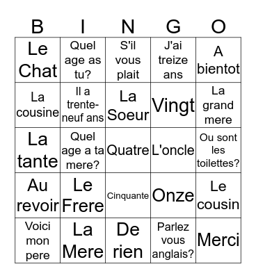 French Phrases Vocabulary  Bingo Card