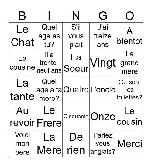 French Phrases Vocabulary  Bingo Card