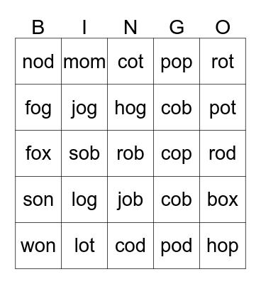Short Oo words Bingo Card