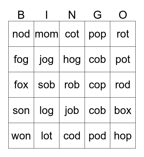 Short Oo words Bingo Card