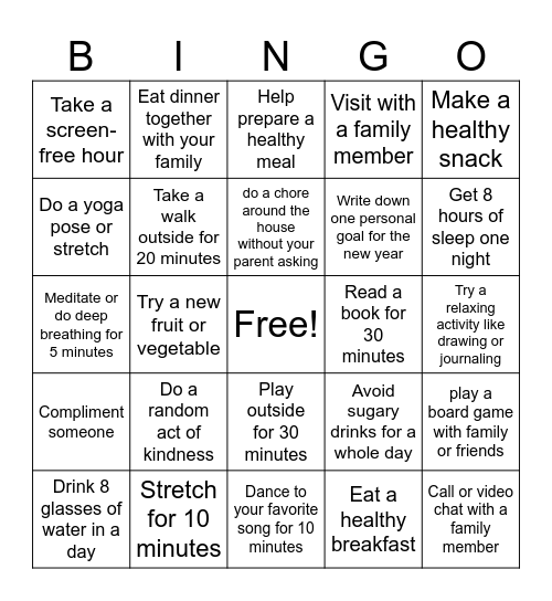 Holiday Health BINGO Card