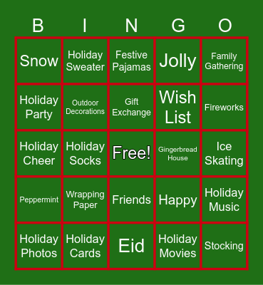 Holiday/Christmas Bingo Card