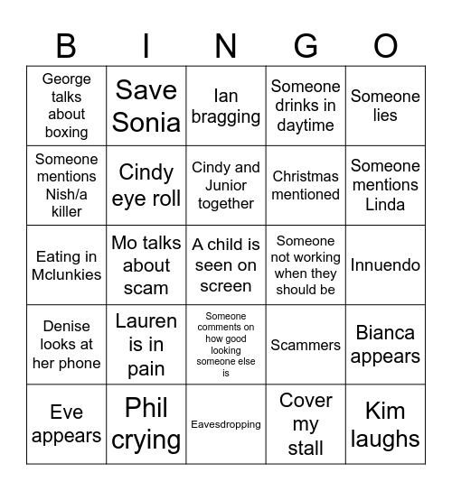 Eastenders Bingo Card