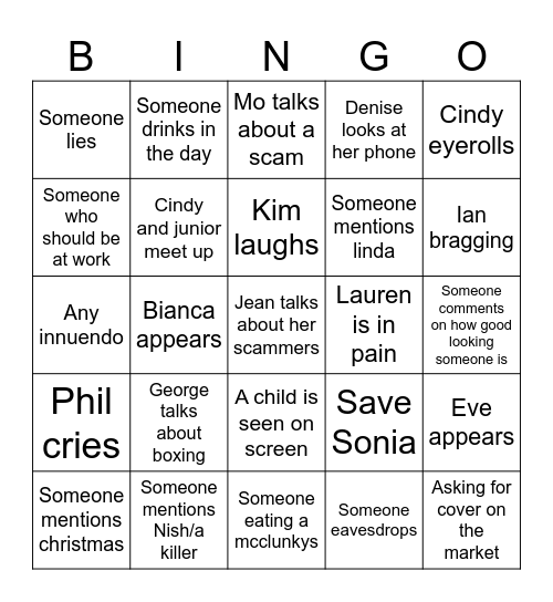 Eastenders Bingo Card