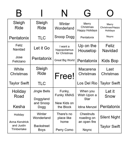 Holiday SINGO Bingo Card