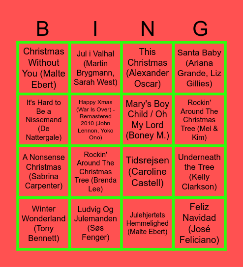 Julemusik bingo Card