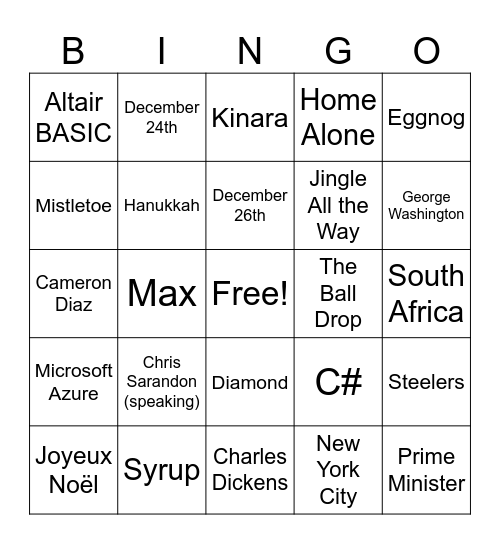 FSI Admin Holiday Bingo Card