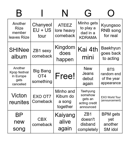 Kpop 2025 Bingo Card