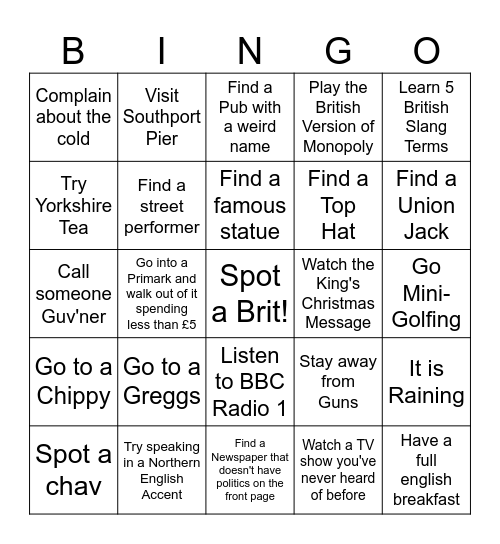 British Bingo Card