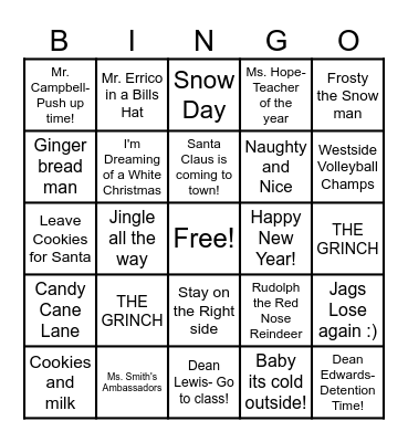 Westside Holiday Bingo! Bingo Card