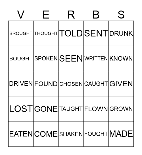 PAST PARTICIPLE Bingo Card