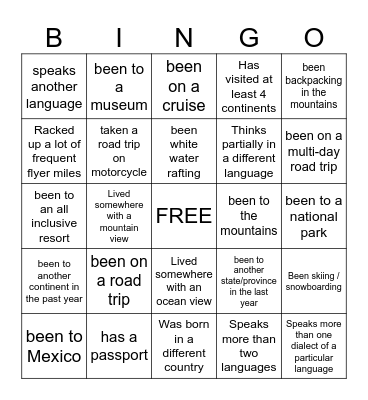 Travel Bingo Card