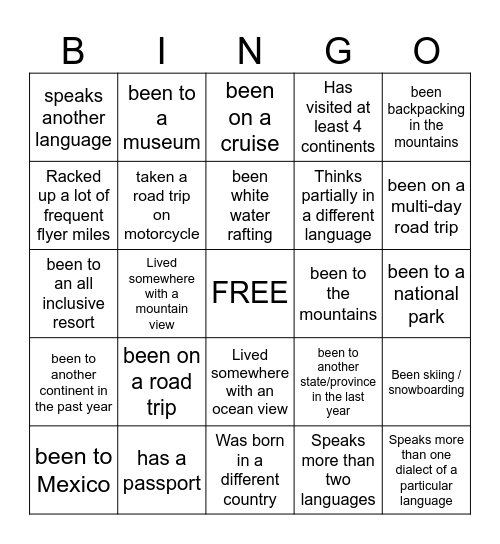 Travel Bingo Card