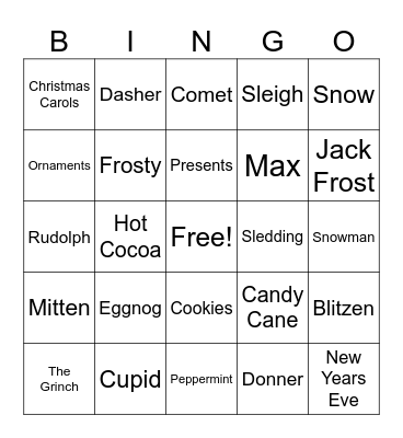 Winter Holiday Bingo Card