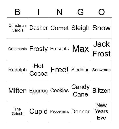 Winter Holiday Bingo Card