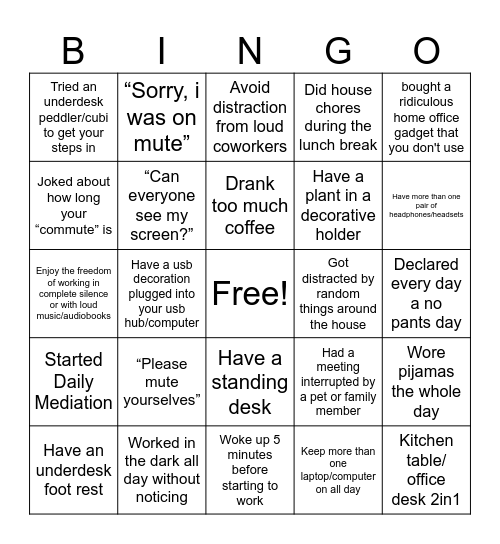 WFH Home Office Bingo Card