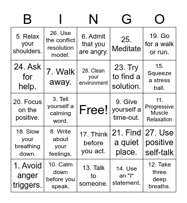 Anger Coping Skills Bingo Card