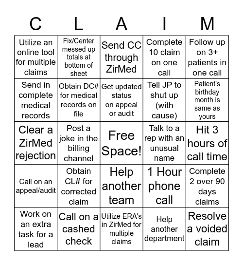 Claim's Bingo Card