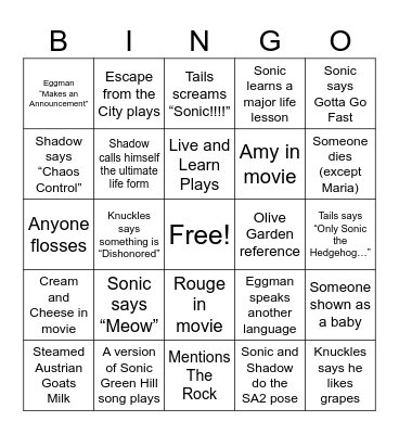 Sonic 3 Bingo Card