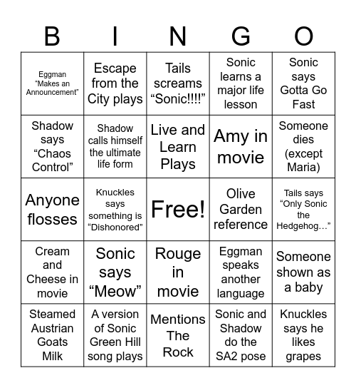 Sonic 3 Bingo Card