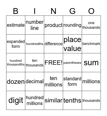 Math Vocabulary BINGO Card