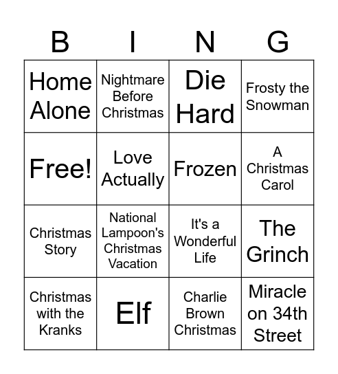 Christmas movies Bingo Card