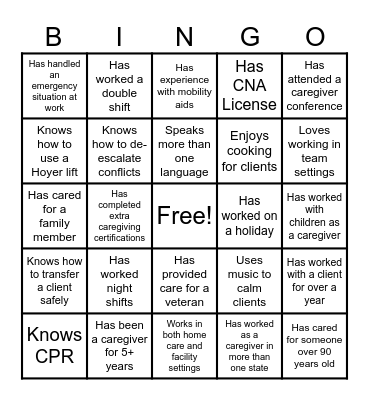 Caregiver Connection Bingo Card