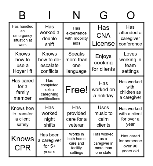 Caregiver Connection Bingo Card