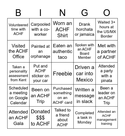 ACHF "Have You Ever" Bingo Card