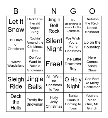 Holiday Songs Bingo Card