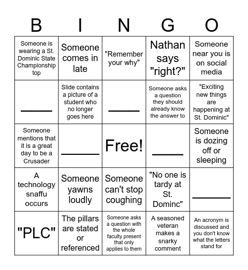 Welcome Back Faculty Bingo Card