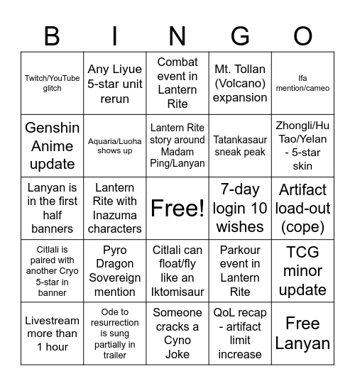 Genshin v5.3 livestream Bingo Card