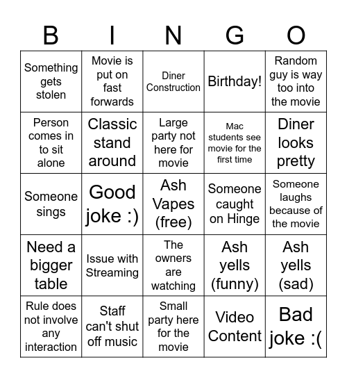 "Interactive" Movie Night Bingo Card